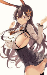 Rule 34 | 1girl, animal ears, arms up, ass, azur lane, black thighhighs, braid, breast curtains, breasts, brown eyes, brown hair, chikuma (azur lane), clothes lift, clothing cutout, collar, hair ornament, high-waist skirt, highres, hiiragi yuuichi, large breasts, long sleeves, looking at viewer, mole, mole under mouth, necktie, open mouth, rabbit ears, side cutout, sideboob, skirt, skirt lift, solo, thighhighs, thighs