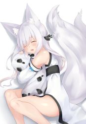 Rule 34 | 1girl, absurdres, animal ear fluff, animal ears, black ribbon, blush, closed eyes, detached sleeves, eyes visible through hair, feet out of frame, fox ears, fox girl, fox tail, grey hair, hair over one eye, hair ribbon, highres, japanese clothes, kimono, long hair, long sleeves, lying, hugging object, on side, open mouth, original, pillow, pillow hug, ribbon, sakuma hiragi, shadow, sleeveless, sleeveless kimono, solo, tail, very long hair, white background, white kimono, white sleeves