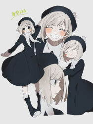 Rule 34 | 1girl, black dress, black footwear, blush, blush stickers, boots, closed eyes, closed mouth, cropped head, crossed arms, dress, expressions, frown, full body, gloves, green eyes, grey background, grey hair, grin, hat, highres, long sleeves, looking at viewer, maco22, multiple views, original, pom pom (clothes), profile, scarf, short hair, simple background, smile