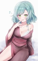 Rule 34 | 1girl, absurdres, aqua hair, bang dream!, blush, bow, bra, braid, breasts, brown kimono, cleavage, collarbone, commentary request, green eyes, hair bow, highres, hikawa hina, japanese clothes, kimono, large breasts, looking at viewer, meu203, musical note, obi, off shoulder, open mouth, sash, side braids, sitting, solo, underwear, white bra, wide sleeves, yellow bow