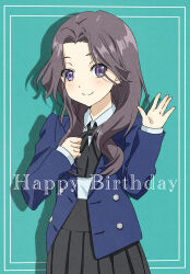 Rule 34 | 1girl, 22/7, absurdres, black bow, black bowtie, black skirt, blue jacket, bow, bowtie, closed mouth, collared shirt, cowboy shot, green background, grey eyes, grey hair, hand on own chest, happy birthday, highres, jacket, long hair, long sleeves, looking at viewer, makoharo, open hand, orihara sumika, parted bangs, pleated skirt, shirt, skirt, smile, solo, standing, white shirt