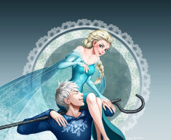 Rule 34 | 1boy, 1girl, carrying, crossover, disney, doily, dress, elsa (frozen), frozen (disney), hood, hoodie, jack frost (rise of the guardians), lydia ling, off shoulder, queen, rise of the guardians, sequins, shoulder perch, smile, snow, staff, white hair