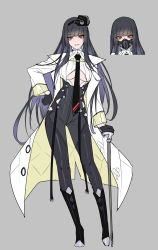 Rule 34 | 1girl, ban! (bansankan), black hair, breasts, cane, coat, contrapposto, full body, gas mask, gloves, grey background, hand on own hip, hime cut, holding, holding cane, long hair, looking at viewer, mask, mask on head, medium breasts, necktie, original, red eyes, smile, underboob