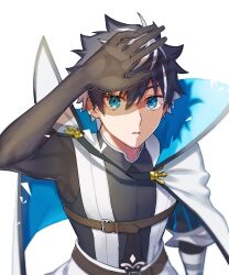 Rule 34 | 1boy, belt, black gloves, black hair, blue eyes, brown belt, cape, charlemagne (fate), chest belt, fate/extella, fate/extella link, fate/extra, fate (series), gloves, hair between eyes, hand over face, highres, male focus, multicolored hair, parted lips, shadow, short hair, simple background, solo, streaked hair, tanaka (pixiv 51053205), two-sided cape, two-sided fabric, two-tone hair, upper body, white background, white cape, white hair