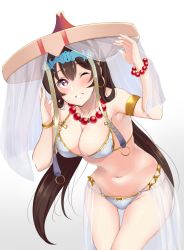 Rule 34 | 1girl, ashino, black hair, bracelet, breasts, character request, circlet, cowboy shot, hair ornament, hat, highres, jewelry, long hair, looking at viewer, medium breasts, necklace, parted lips, purple eyes, simple background, smile, solo, white background