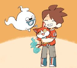 Rule 34 | 10s, 1boy, amano keita, blue lips, boots, brown hair, cargo pants, cat, closed eyes, fang, ghost, grey pants, grin, haramaki, holding, jibanyan, kuri (shibimame), multiple tails, notched ear, one eye closed, open mouth, pants, red shirt, shirt, short hair, simple background, smile, standing, t-shirt, tail, traditional youkai, two tails, whisper (youkai watch), youkai watch