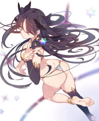 Rule 34 | 1girl, anklet, ass, barefoot, black hair, black thighhighs, detached sleeves, dimples of venus, earrings, fate/grand order, fate (series), feet, hoop earrings, ishtar (fate), jewelry, long hair, orange eyes, revealing clothes, saint quartz (fate), single detached sleeve, single thighhigh, soles, solo, thighhighs, thong, toes, two side up, very long hair, xiaoshou xiansheng