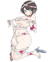 Rule 34 | 1girl, alternate breast size, bandages, belly, blood, blue eyes, blush, breasts, feet, heels, highres, hololive, kuma no bansoukou, large breasts, looking at viewer, mummy costume, oozora subaru, short hair, simple background, thighs, toes, virtual youtuber, white background