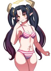 Rule 34 | 1girl, absurdres, belly, black hair, blush, blush stickers, bra, commission, highres, horns, idol corp, lily sin, long hair, multicolored hair, panties, pink bra, pink panties, pointy ears, simple background, striped clothes, striped panties, thighs, underwear, virtual youtuber, white background, ytrall