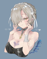 Rule 34 | 1girl, alternate costume, azur lane, bare shoulders, blonde hair, blue background, braid, breasts, chain, cleavage, closed mouth, collar, cross, eyelashes, eyeshadow, french braid, hair over one eye, hair ribbon, hands on own cheeks, hands on own face, hands up, heart, heart tattoo, inverted cross, looking at viewer, maid headdress, makeup, medium breasts, metal collar, no shirt, ribbon, sheffield (azur lane), simple background, smile, solo, striped, tattoo, tsurime, upper body, vertical stripes, white ribbon, wrist cuffs, yellow eyes, yukke-chan