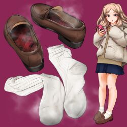 Rule 34 | 1girl, blonde hair, cellphone, highres, loafers, long hair, looking at viewer, lumina (artist), parted lips, phone, shoes, smartphone, socks, steam, twintails, unworn shoes, unworn socks, white socks