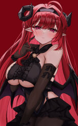 Rule 34 | 1girl, absurdres, azur lane, bare shoulders, black gloves, black hairband, black horns, black skirt, breasts, center frills, curled horns, demon girl, demon horns, demon wings, elbow gloves, frills, gloves, hair intakes, hairband, highres, hindenburg (azur lane), horns, kuon (kuon), large breasts, long hair, looking at viewer, mole, mole under eye, pointy ears, purple eyes, red background, red hair, simple background, skirt, solo, underboob, very long hair, wings