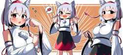 Rule 34 | 1girl, absurdres, animal ear fluff, animal ears, black eyes, black skirt, blush, breasts, bright pupils, brown background, closed mouth, commentary, detached sleeves, english commentary, grey hair, hat, highres, inubashiri momiji, large breasts, looking at viewer, multiple views, outline, pom pom (clothes), red eyes, red headwear, red skirt, ribbon-trimmed sleeves, ribbon trim, shirt, short hair, skirt, small breasts, smile, spam (spamham4506), speech bubble, spoken food, sword, tail, tokin hat, touhou, two-tone skirt, weapon, white outline, white pupils, white shirt, wide sleeves, wolf ears, wolf girl, wolf tail