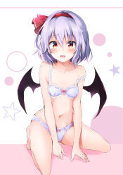 Rule 34 | 1girl, absurdres, bare arms, bare legs, bare shoulders, barefoot, bat wings, black wings, blue bra, blue panties, blush, bow, bow bra, bow panties, bra, breasts, collarbone, hair between eyes, hair ribbon, hairband, highres, hyurasan, kneeling, lace, lace-trimmed bra, lace trim, light purple hair, looking at viewer, navel, open mouth, panties, pink background, red bow, red eyes, red hairband, red ribbon, remilia scarlet, ribbon, signature, small breasts, solo, star (symbol), stomach, strap slip, touhou, two-tone background, underwear, underwear only, white background, wings