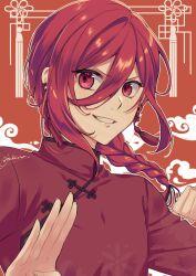 Rule 34 | 1boy, blue lock, braid, braided ponytail, chigiri hyoma, chinese clothes, earrings, grin, hands up, highres, jewelry, long hair, looking at viewer, male focus, red background, red eyes, red hair, red shirt, shirt, single braid, smile, solo, teeth, tsukky, upper body