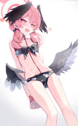 Rule 34 | 1girl, absurdres, angel wings, arms behind back, bare shoulders, bikini, black bikini, black wings, blue archive, blush, bow, breasts, collarbone, feathered wings, hair between eyes, halo, highres, koharu (blue archive), koharu (swimsuit) (blue archive), long hair, looking at viewer, low wings, navel, official alternate costume, open mouth, pink eyes, pink hair, simple background, small breasts, solo, swimsuit, twintails, white background, wings, yamada auto