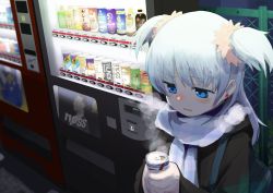 Rule 34 | 1girl, blue eyes, blue hair, breath, can, canned coffee, cold, drink can, earrings, highres, jewelry, magia record: mahou shoujo madoka magica gaiden, mahou shoujo madoka magica, minami rena, samidare (hoshi), scarf, scrunchie, twintails, vending machine