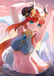 Rule 34 | 1girl, armpits, arms up, bad id, bad pixiv id, bare arms, blush, breasts, brooch, closed mouth, crop top, dot nose, evening, forehead jewel, genshin impact, gold choker, gold trim, green eyes, highres, horns, jewelry, long hair, looking at viewer, low twintails, medium breasts, navel, nilou (genshin impact), orange sky, outdoors, parted bangs, partially submerged, red hair, shirt, sky, sleeveless, smile, stomach, tatsunokodragon, twintails, upper body, veil, water, wet, white headdress