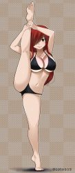 Rule 34 | 1girl, absurdres, armpits, arms up, barefoot, bikini, black bikini, blush, breasts, brown background, brown eyes, cleavage, collarbone, erza scarlet, fairy tail, feet, female focus, gaston18, hair over one eye, highres, holding leg, large breasts, leg lift, leg up, long hair, long image, looking at viewer, midriff, navel, neck, red hair, smile, soles, swimsuit, tall image, thighs, tiptoes, toenails, toes, underboob
