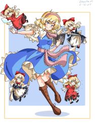 Rule 34 | 5girls, alice margatroid, black dress, blonde hair, blue dress, blue eyes, book, boots, brown footwear, capelet, closed mouth, commentary, dated, dress, english commentary, full body, hairband, holding, holding book, long hair, looking at viewer, multiple girls, pink hairband, red dress, shanghai doll, short hair, signature, smile, solo, touhou, trashmammal, white capelet