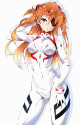 Rule 34 | 1girl, arm behind head, blue eyes, bodysuit, breasts, cameltoe, covered navel, curvy, evangelion: 3.0+1.0 thrice upon a time, eyelashes, hair ornament, hand on own hip, highres, interface headset, long hair, looking at viewer, medium breasts, neon genesis evangelion, orange hair, plugsuit, rebuild of evangelion, ripe.c, short hair, skin tight, solo, souryuu asuka langley, twintails, two side up, very long hair, white bodysuit, wide hips