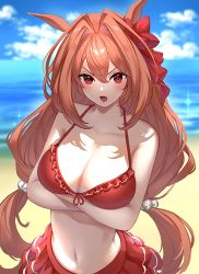 Rule 34 | 1girl, animal ears, beach, bikini, blue sky, blush, breasts, brown hair, cleavage, cloud, collarbone, commentary request, crossed arms, daiwa scarlet (trifle vacation) (umamusume), daiwa scarlet (umamusume), day, dot nose, fang, frilled bikini, frills, frown, hair intakes, hair ribbon, highres, horse ears, horse girl, iwashi 111, large breasts, long hair, navel, ocean, open mouth, outdoors, red bikini, red eyes, revision, ribbon, sky, solo, swimsuit, twintails, umamusume, very long hair