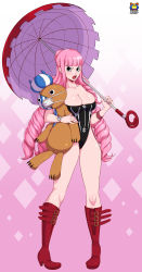 Rule 34 | 1girl, absurdres, angry, blush, boots, drill hair, female focus, full body, high heel boots, high heels, highres, knee boots, kyoffie, looking at viewer, one-piece swimsuit, one piece, open mouth, perona, pigeon-toed, pink hair, solo, standing, stuffed animal, stuffed toy, swimsuit, teddy bear, umbrellas, wide hips