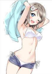 Rule 34 | 1girl, armpits, arms up, bikini, blue eyes, blush, breasts, brown hair, cowboy shot, flower, hair flower, hair ornament, highres, jacket, unworn jacket, looking at viewer, love live!, love live! sunshine!!, medium breasts, navel, one eye closed, open mouth, sankuro (agoitei), short hair, short shorts, shorts, side-tie bikini bottom, sidelocks, simple background, smile, solo, stomach, swimsuit, thighs, unzipped, watanabe you, white background, white bikini