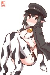 Rule 34 | 1girl, akitsu maru (kancolle), alternate costume, animal ears, animal print, artist logo, bell, bikini, bikini under clothes, black hair, black hat, blush, breasts, clothes on shoulders, cow ears, cow girl, cow print, cow tail, cowbell, dated, grey eyes, hat, highres, jacket, jacket on shoulders, kanon (kurogane knights), kantai collection, large breasts, looking at viewer, neck bell, one-hour drawing challenge, pale skin, peaked cap, print bikini, print thighhighs, short hair, side-tie bikini bottom, simple background, solo, swimsuit, tail, thighhighs, white background