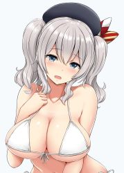 Rule 34 | 10s, 1girl, beret, bikini, blue eyes, blush, breasts, cleavage, clenched hand, collarbone, front-tie top, hat, kantai collection, kashima (kancolle), large breasts, long hair, looking at viewer, mitsukazu (nijigen complex), navel, open mouth, sidelocks, silver hair, simple background, solo, swimsuit, twintails, wavy hair, white bikini