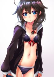 Rule 34 | 1girl, absurdres, ahoge, bikini, black hair, black jacket, blue eyes, braid, breasts, chestnut mouth, collarbone, commentary request, cowboy shot, front-tie top, gluteal fold, gradient background, hair flaps, hair ornament, hair over shoulder, highres, jacket, kantai collection, looking at viewer, makura (y makura), navel, open clothes, open jacket, plaid, plaid bikini, shigure (kancolle), shigure kai ni (kancolle), single braid, small breasts, solo, swimsuit, undressing, white background