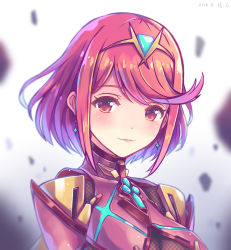 Rule 34 | 1girl, blush, breasts, earrings, fingerless gloves, gloves, hair ornament, jewelry, large breasts, looking at viewer, nintendo, pyra (xenoblade), red eyes, red hair, short hair, simple background, smile, solo, xenoblade chronicles (series), xenoblade chronicles 2, zhandou greymon