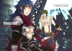Rule 34 | 2boys, armor, assassin cross (ragnarok online), axe, belt, bio lab, black cape, black gloves, black pants, black shirt, blue hair, blue pants, brick wall, brown belt, brown footwear, cape, character name, closed mouth, crop top, dagger, dated, english text, eremes guile, fingerless gloves, foot out of frame, fur-trimmed pants, fur trim, gauntlets, gloves, green hair, hair between eyes, holding, holding axe, holding dagger, holding knife, holding weapon, howard alt-eisen, in-universe location, jamadhar, jewelry, knife, leaning back, long hair, looking at viewer, male focus, multiple boys, necklace, open clothes, open mouth, open shirt, pants, pauldrons, pouch, ragnarok online, red eyes, red scarf, scarf, shirt, shoes, short hair, shoulder armor, skull, smile, sptbird, suspenders, torn cape, torn clothes, torn scarf, torn shirt, upper body, waist cape, weapon, white shirt, whitesmith (ragnarok online)