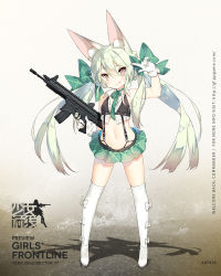 Rule 34 | 1girl, :q, animal ear fluff, arm up, art556 (girls&#039; frontline), assault rifle, bikini, bikini top only, black bikini, blush, boots, bow, brazil, brown eyes, character name, closed mouth, collared shirt, copyright name, crop top, flat chest, full body, girls&#039; frontline, gloves, green bow, green hair, green ribbon, green skirt, gun, hair between eyes, hair bow, hair ribbon, hand up, highres, holding, holding gun, holding weapon, long hair, looking at viewer, microskirt, midriff, name connection, navel, object namesake, over-kneehighs, pleated skirt, ribbon, rifle, saru, shadow, shirt, skirt, sleeveless, smile, solo, standing, suspender skirt, suspenders, swimsuit, thigh boots, thighhighs, tongue, tongue out, twintails, weapon, white footwear, white gloves, white shirt, white thighhighs