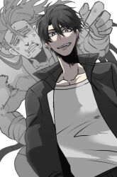 Rule 34 | 2boys, black hair, black jacket, jacket, kim gong-ja, long hair, looking at viewer, multiple boys, red eyes, shirt, simple background, smile, sss-class suicide hunter, sword emperor, white background, white shirt