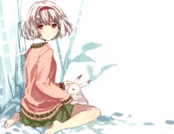 Rule 34 | 1girl, barefoot, blush, rabbit, cardigan, from behind, hair ornament, hairband, looking at viewer, looking back, original, red eyes, short hair, sitting, skirt, solo, tan (tangent), wariza, white hair