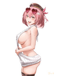 Rule 34 | 1girl, absurdres, backless outfit, beret, black thighhighs, breasts, brown eyes, brown hat, cowboy shot, from side, girls&#039; frontline neural cloud, hat, heart, heart-shaped pupils, highres, jonathan h, large breasts, meme attire, naked sweater, pink hair, short hair, sideboob, simple background, smile, solo, standing, sweat, sweater, symbol-shaped pupils, thighhighs, tongue, tongue out, turtleneck, turtleneck sweater, virgin killer sweater, white background, willow (neural cloud)