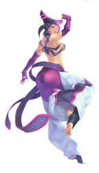 Rule 34 | 1girl, ass, back, bare shoulders, barefoot, belt, black hair, breasts, capcom, chinese clothes, covered erect nipples, detached sleeves, drill hair, dudou, elbow gloves, feet, fingerless gloves, full body, gloves, glowing, glowing eye, halterneck, han juri, highres, looking back, love cacao, medium breasts, purple eyes, short hair, sideboob, simple background, soles, solo, spikes, stirrup legwear, street fighter, street fighter iv (series), toeless legwear, toes, toned, twin drills