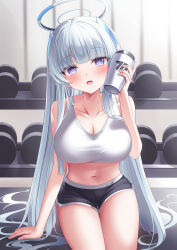 Rule 34 | 1girl, absurdres, alternate costume, black shorts, blue archive, blush, bottle, breasts, cleavage, collarbone, dolphin shorts, dumbbell, grey hair, halo, headgear, highres, holding, holding bottle, indoors, large breasts, long hair, looking at viewer, navel, noa (blue archive), purple eyes, shira jun, short shorts, shorts, sitting, solo, sports bra, stomach, straight hair, very long hair, white sports bra