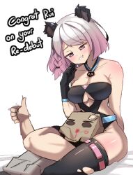 Rule 34 | 1boy, 1girl, animal ears, arm up, artist self-insert, between legs, black gloves, black leotard, blood, blush, braid, breasts, cleavage, clothing cutout, collarbone, curvy, english text, faceless, faceless male, fang, gloves, gradient hair, grey hair, happy, heart, heart-shaped pupils, hetero, highleg, highleg leotard, highres, indie virtual youtuber, jewelry, large breasts, leotard, lipstick mark, looking at another, lying on person, medium hair, multicolored hair, nosebleed, panda ears, panda girl, pink eyes, pink hair, revealing clothes, ruipandaa, shiny skin, side braid, simple background, single braid, sketchy guy01, skin fang, smile, symbol-shaped pupils, underboob cutout, virtual youtuber, white background