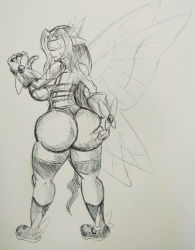 Rule 34 | ass, ass grab, boots, breasts, butterfly wings, digimon, digimon (creature), digimon frontier, fairimon, grabbing own ass, highres, huge ass, insect wings, long hair, sideboob, sketch, thong, visor (armor), wings