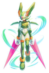 Rule 34 | 1boy, android, armor, artist name, blurry, bodysuit, closed mouth, commentary, dated, depth of field, dual wielding, full body, glint, green eyes, green headwear, sage harpuia (mega man), helmet, highres, holding, holding sword, holding weapon, looking at viewer, male focus, mega man (series), mega man zero (series), serious, simple background, solo, standing, sword, twitter username, weapon, white background, zero-go