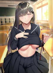 Rule 34 | 1girl, black hair, breasts, chalkboard, classroom, closed mouth, clothes lift, commentary request, curtains, desk, gentsuki, highres, holding neckwear, indoors, large breasts, long hair, looking at viewer, navel, no bra, original, pink eyes, pleated skirt, school desk, school uniform, serafuku, skirt, smile, solo, underboob, window