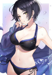 Rule 34 | 1girl, absurdres, armpits, bare shoulders, bikini, black bikini, black hair, breasts, cleavage, collarbone, commentary request, cowboy shot, earrings, groin, halterneck, halterneck, hand up, hayami kanade, highres, idolmaster, idolmaster cinderella girls, jewelry, large breasts, looking at viewer, mairo, navel, outstretched arm, parted lips, revision, short hair, side-tie bikini bottom, sidelocks, solo, stomach, swimsuit, yellow eyes