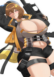 Rule 34 | 1girl, absurdres, ahoge, ammunition, ammunition belt, anis (nikke), beret, black jacket, black shorts, breasts, cleavage, crop top, explosive, goddess of victory: nikke, grenade, grenade cartridge, grenade launcher, grey shirt, hat, highres, huge breasts, jacket, large-caliber cartridge, light brown hair, looking at viewer, navel, one eye closed, perselon, revolver grenade launcher, shirt, short hair, short shorts, shorts, smile, solo, tactical clothes, teeth, thigh strap, weapon, yellow eyes