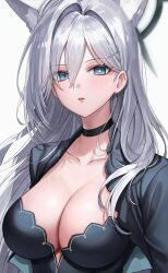 Rule 34 | 1girl, absurdres, black choker, black dress, blue archive, blue eyes, blush, breasts, choker, cleavage, collarbone, commentary, cross hair ornament, dress, grey background, grey hair, hair between eyes, hair ornament, halo, highres, large breasts, long hair, looking at viewer, parted lips, ryu o, shiroko (blue archive), shiroko terror (blue archive), simple background, solo, upper body