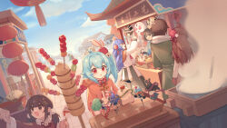 Rule 34 | 2girls, absurdres, ahoge, architecture, artist request, bili girl 22, bili girl 33, bilibili, blue hair, chinese commentary, chinese new year, commentary request, day, east asian architecture, highres, lightning ahoge, long hair, makeup, multiple girls, official art, outdoors, red eyes, red ribbon, ribbon, second-party source, short hair, siblings, side ponytail, sisters, sky, smile