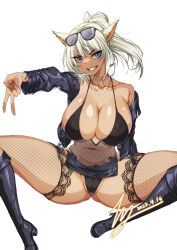 Rule 34 | 1girl, animal ears, arm support, bikini, black bikini, blonde hair, blue eyes, breasts, cat ears, cat girl, cleavage, commission, final fantasy, final fantasy xiv, fishnet thighhighs, fishnets, grin, gyaru, high ponytail, highres, huge breasts, jacket, jewelry, kogal, leather, leather jacket, miqo&#039;te, necklace, pixiv commission, rantia, sidelocks, sitting, smile, solo, swimsuit, tan, thighhighs, v, white background
