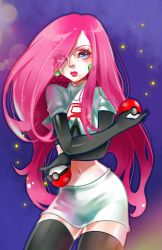Rule 34 | 1girl, black thighhighs, blue eyes, creatures (company), earrings, female focus, game freak, gloves, hair down, jessie (pokemon), jewelry, lipstick, long hair, makeup, midriff, n09142, navel, nintendo, poke ball, pokemon, pokemon (anime), pokemon dp117, pokemon dppt (anime), red hair, skirt, solo, star (symbol), team rocket, thighhighs