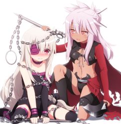 Rule 34 | 2girls, asymmetrical gloves, bare shoulders, black dress, black gloves, black thighhighs, blush, breasts, cape, chain, chloe von einzbern, collar, cosplay, dark-skinned female, dark skin, dress, embarrassed, eyepatch, failure, fate/kaleid liner prisma illya, fate/stay night, fate (series), fingerless gloves, gloves, goribote, hair bun, hair ornament, hair stick, hand on another&#039;s head, headpat, illyasviel von einzbern, kneeling, long hair, medusa (fate), medusa (rider) (fate), medusa (rider) (fate) (cosplay), multiple girls, nameless dagger (fate), navel, on one knee, open mouth, pink hair, red eyes, siblings, simple background, single hair bun, sisters, sitting, small breasts, strapless, strapless dress, sweatdrop, sword, thighhighs, twins, uneven gloves, waist cape, wariza, wavy mouth, weapon, white background, white hair, wrapped up, yellow eyes